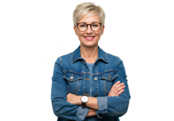A stylish middle-aged woman with short blonde hair and glasses wearing a denim jacket isolated on transparent background