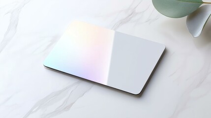 Fototapeta premium Sleek laptop with iridescent finish on marble surface; modern tech aesthetic, minimal design.