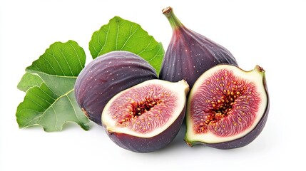 Fresh whole and sliced figs with green leaves isolated on a white background