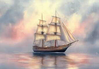 Fototapeta premium Sailing Ship on Calm Waters Watercolor Painting Fine Art Landscape Ocean Sea Boat Adventure Pastel Sky