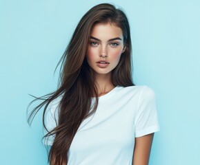 Fototapeta premium Radiant Beauty: A captivating young woman with flowing brown hair and striking features exudes confidence, her gaze meeting the viewer with a subtle and alluring expression.