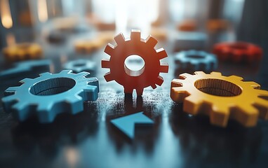 A modern business environment with interconnected gears, arrows, and graphs symbolizing business agility, company transformation, and swift market adaptation, 8K quality