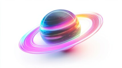 Obraz premium Futuristic neon planet with glowing colorful rings floating in a white cosmic space