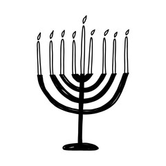Menorah candles in cute doodle style, vector illustration isolated on white background. Christmas candles in candle holder, hand drawn outline.
