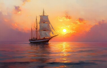 Obraz premium Sailing Ship Impressionist Sunset on Calm Waters with Fisherman and Boats