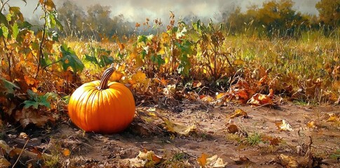 Autumn Pumpkin Field Scene in Nature with Sunlight and Foliage