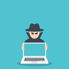 Hacker with laptop computer stealing confidential data, personal information and credit card detail. Hacking concept.	