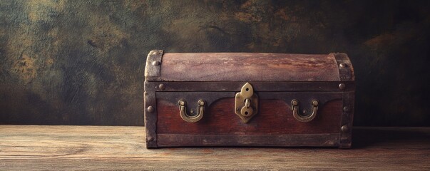 A rustic wooden chest rests on a weathered wooden surface
