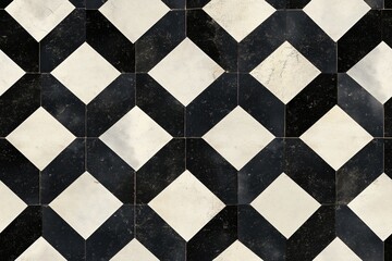 Seamless checkerboard floor black and white geometric pattern with diamond shapes creating an optical illusion effect.