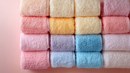 A symphony of pastel hues, a soft, fluffy towel cascade in a neat, organized pile, inviting relaxation and tranquility in the sanctuary of a cozy bathroom atmosphere.