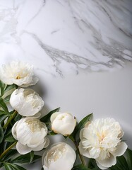 Obraz premium White peony flowers on white marble table with copy space. Generated image