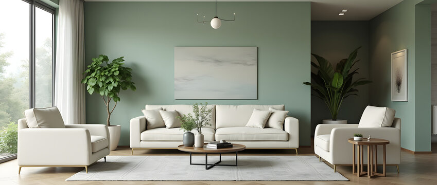 Elegant Luxury Living Room with Bright Spacious Design and Light Green Micro-Cement Walls, Stylish Furniture Set for Modern Living.