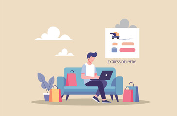 Online shopping made easy. Shop from home.  Man ordering goods online with a hand delivering shopping bags, representing e-commerce, convenience, and fast delivery.
