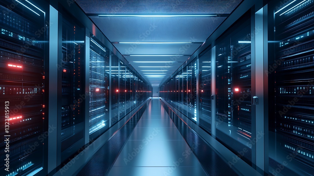 Wall mural futuristic data center server room with blue and red lights, high-tech computing environment for clo