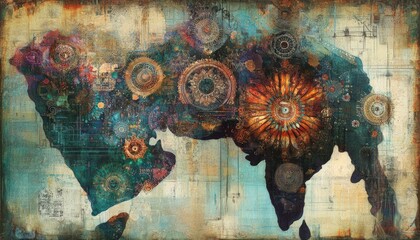 Abstract artistic representation of continents with vibrant colorful circular patterns on a textured surface. Includes map of the world with grunge and vintage style