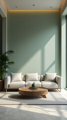 Elegant Luxury Living Room with Bright Spacious Design and Light Green Micro-Cement Walls, Stylish Furniture Set for Modern Living.