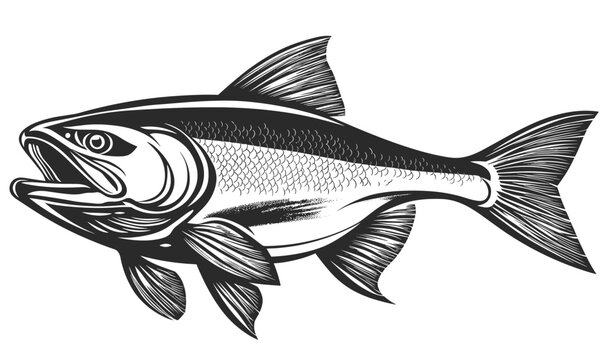 Detailed fish illustration, monochrome aquatic symbol, flat icons set, vector.