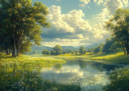 Landscape painting river trees sky golden sunlight nature art digital oil canvas fine art reflection scenery