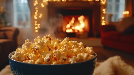 A steaming bowl of buttery popcorn, its golden kernels glistening, awaits its eager audience in a cozy living room, ready to accompany the magic of a movie night unfold.