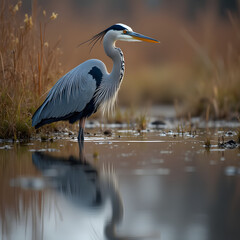 Fototapeta premium The Majestic Blue Heron in a Serene Marsh, Reflecting on Still Waters with Unwavering Focus and Graceful Presence