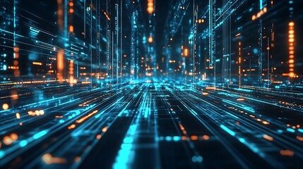 Fototapeta premium Futuristic Digital Cityscape: Abstract Data Stream Visualization for Technology, Innovation, Artificial Intelligence, and Cybersecurity Concepts.