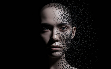 Ethereal Portrait of a Woman with Fragmenting Features in a Dark Ambient Setting