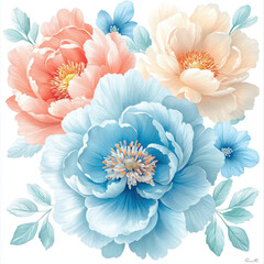 Obraz premium beautiful arrangement of large, colorful flowers including blue, pink, and white peonies, surrounded by delicate leaves, creating vibrant and cheerful atmosphere
