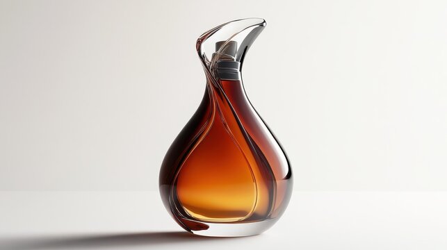 A sleek, amber perfume bottle, its delicate curves hinting at the luxurious elixir it held, stood poised against a pristine white background, a testament to the artistry of fragrance design.