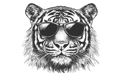 Obraz premium Cool tiger with sunglasses in monochrome style, vector, linear icons set.