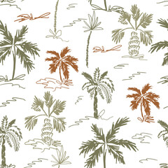One line drawing tropical palm trees seamless pattern. Brown and green ink drawing jungle plants, sketch. Hand drawn summer vacation background, brush stroke texture, textile design, wallpaper. Vector © Tani Kuzminka