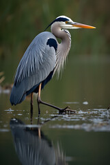 Obraz premium The Majestic Blue Heron in a Serene Marsh, Reflecting on Still Waters with Unwavering Focus and Graceful Presence