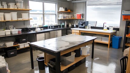 Modern clean laboratory workspace with bright windows.  Possible stock photo use