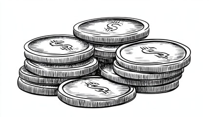 Pile of stacked coins with dollar signs in a vintage hand drawn style featuring sketch engraving details and intricate line work