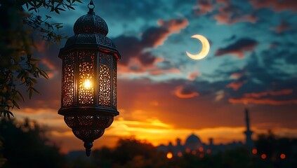 Ornate Lantern Glowing Against Vibrant Sunset Sky with Crescent Moon Over Silhouetted Cityscape

 