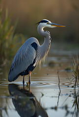 Naklejka premium The Majestic Blue Heron in a Serene Marsh, Reflecting on Still Waters with Unwavering Focus and Graceful Presence