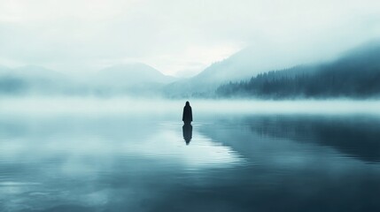 Obraz premium Solitude by the Lake: A solitary figure stands on a serene lake, reflecting the calm and ethereal ambiance of a misty, mountainous backdrop.