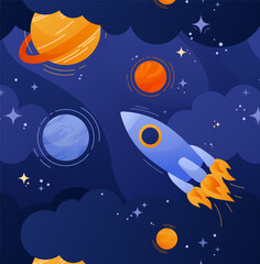 Vector outer space seamless pattern. Big flying rocket icon, many bright planets, stars. Cute baby print. Cartoon scientific background. Kids room wallpaper, funny fabric design. Astronomy art concept
