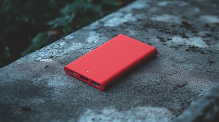 A sleek, compact red power bank, a portable marvel of technology, boasted multiple charging ports, ready to replenish the life of your device on the go, ensuring uninterrupted connectivity wherever