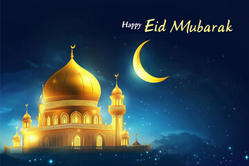 Majestic Golden Mosque Under the Crescent Moon Eid Mubarak Wishes