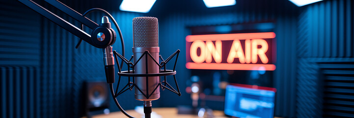 Cozy Modern Online Radio Studio Setup with On-Air Sign, radio studio setup, podcast equipment, online broadcasting, on-air sign, modern studio design, podcasting microphone.	