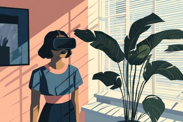 A stylized digital illustration of a woman wearing a VR headset, featuring geometric shapes and an earthy color palette for a modern, futuristic aesthetic.