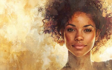 Portrait of a radiant woman with natural highlights, on a warm vanilla-bean-toned background