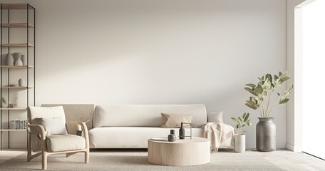 Modern Minimalist Living Room Interior with Neutral Color Palette: Sofa, Armchair, Coffee Table, White Bookcase, and Empty Wall Mockup. Bright Daylight in a Minimalist-Style Studio.