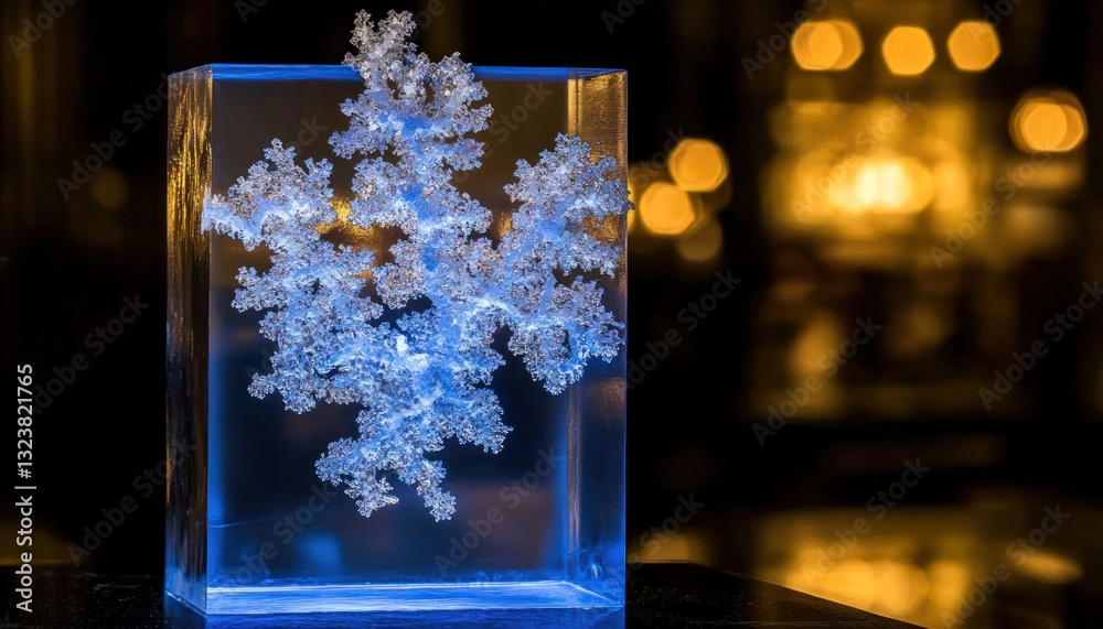 Poster blue illuminated crystallized structure encased in a transparent block with bokeh background
