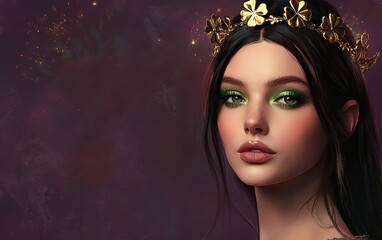 Fototapeta premium Portrait of a confident woman with sleek hair, green eyeliner, and a golden crown of clovers for Saint Patricks Day, on a dusky mauve background