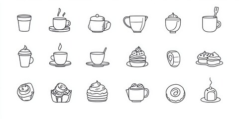 Line art Culinary Delights: An array of hand-drawn line art illustrations showcasing a variety of delicious food and drink items, from coffee cups to pastries.