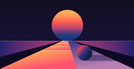 Psychedelic outer space. Trendy gradient planets, retro palette.