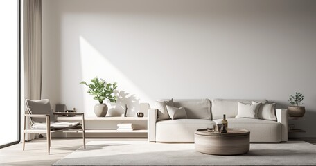 Bright Minimalist Living Room Interior with Neutral Colors: Sofa, Armchair, Coffee Table, White Bookcase, and Empty Wall Mockup. Modern Studio Concept.