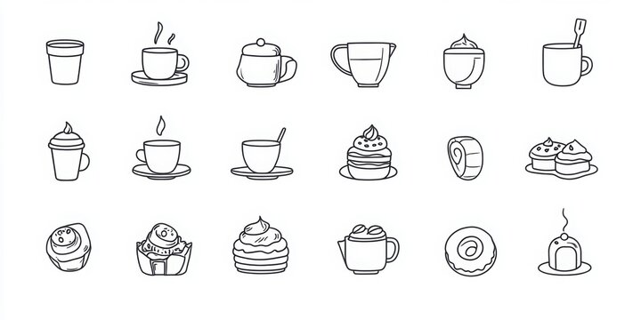 Line art Culinary Delights: An array of hand-drawn line art illustrations showcasing a variety of delicious food and drink items, from coffee cups to pastries.