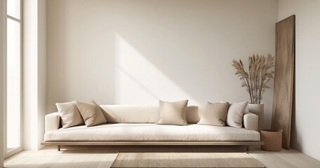 3D Rendering of a Modern Minimalist Living Room with Neutral Palette: Sofa, Armchair, Coffee Table, White Bookcase, and Empty Wall Mockup. Bright Daylight in a Modern Studio.